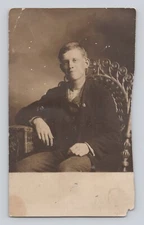 Gentleman in Chair Studio Photo RPPC Real Photo ANTIQUE POSTCARD 1314