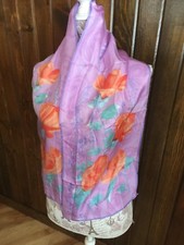 VTG Unknown Brand Floral Purple orange Scarf 100 Silk 53" x12"