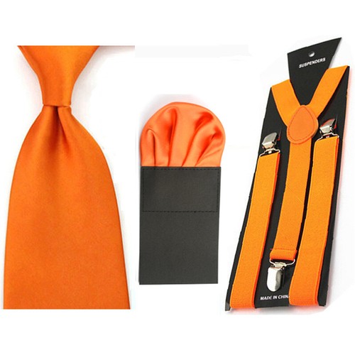 Men's Solid 8cm Tie With Handkerchief Pocket Square Braces Suspender Set SET54 - Picture 4 of 15