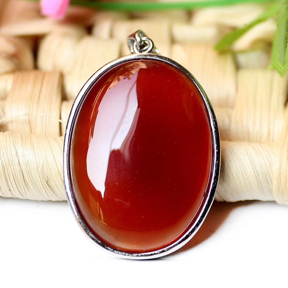 Colgantes collar de plata maciza con piedras preciosas de ágata roja corte súper ovalado en forma ovalada Foto 3 de 4