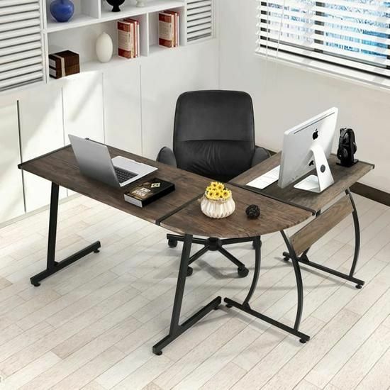 Bureau d'angle spacieux au design scandinave nature avec pieds compas stables en bois massif