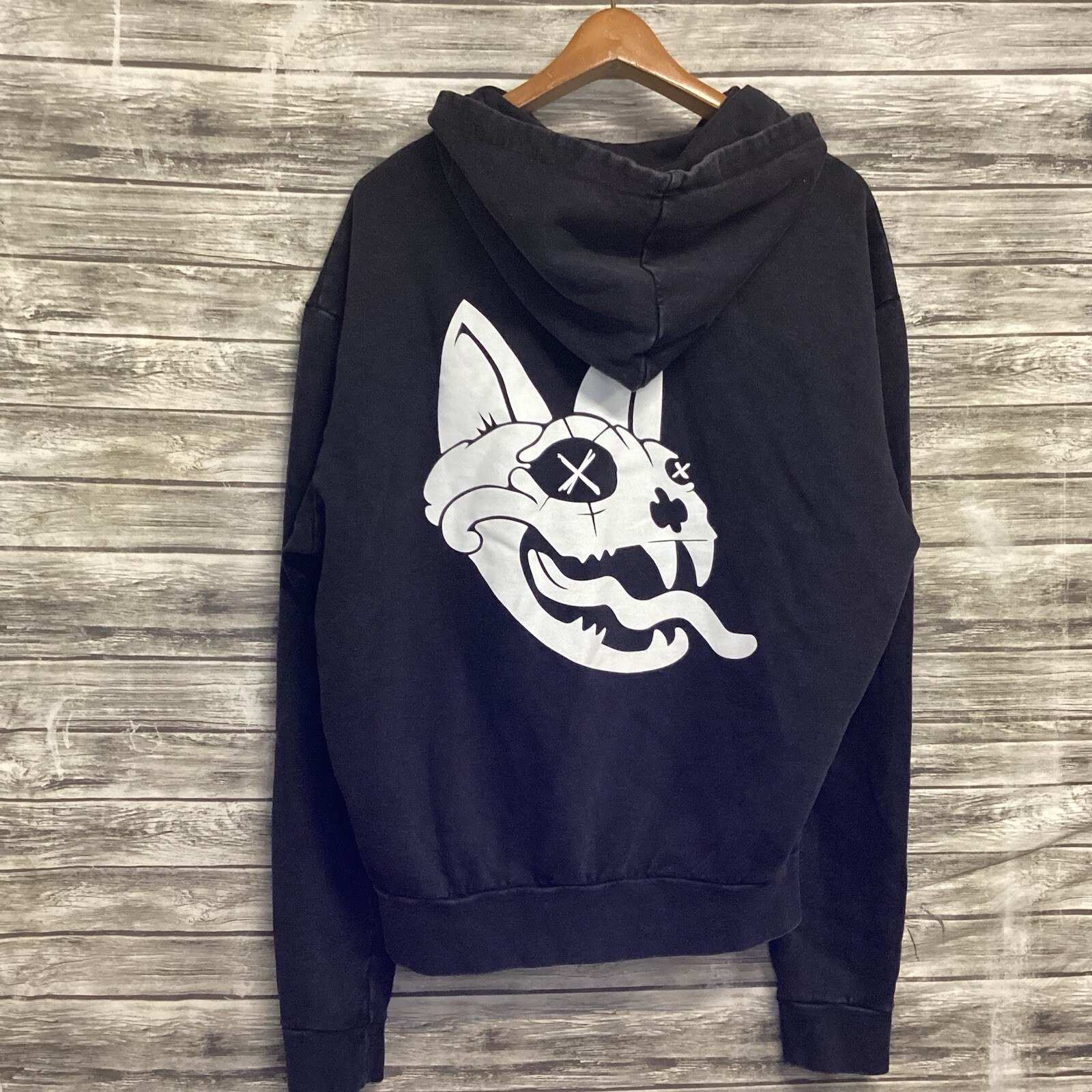 Men's Black Metal Heart Hoodie with Cat Skull Graphic - Medium