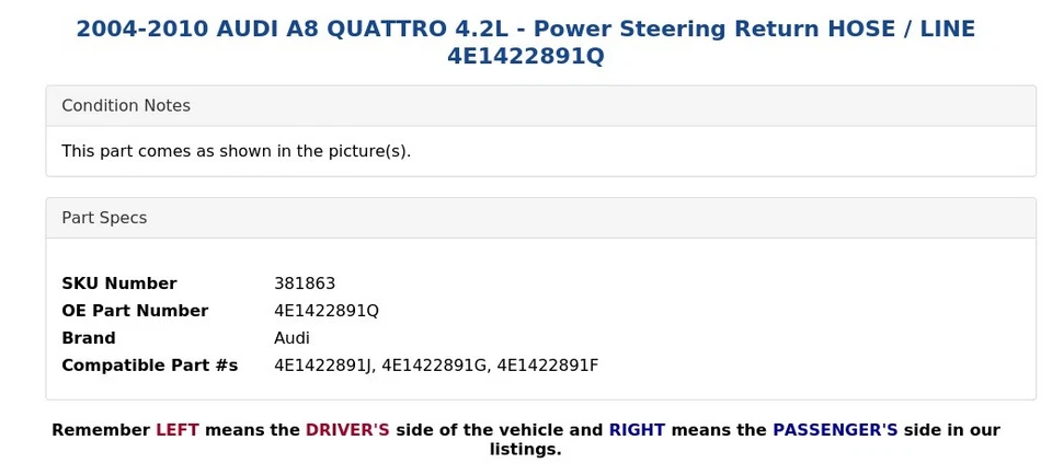 AUDI A8 QUATTRO 2004-2010 4,2 L - Manguera de retorno de dirección asistida / línea 4E1422891Q Foto 4 de 4