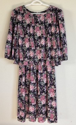 Vintage Good Times Floral Midi Dress Womens Size 14 Black Pink Rose USA Made