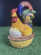 Vtg Nesting Rooster / Hen on Basket Nest Ceramic 2 Piece Dish Colorful Tail