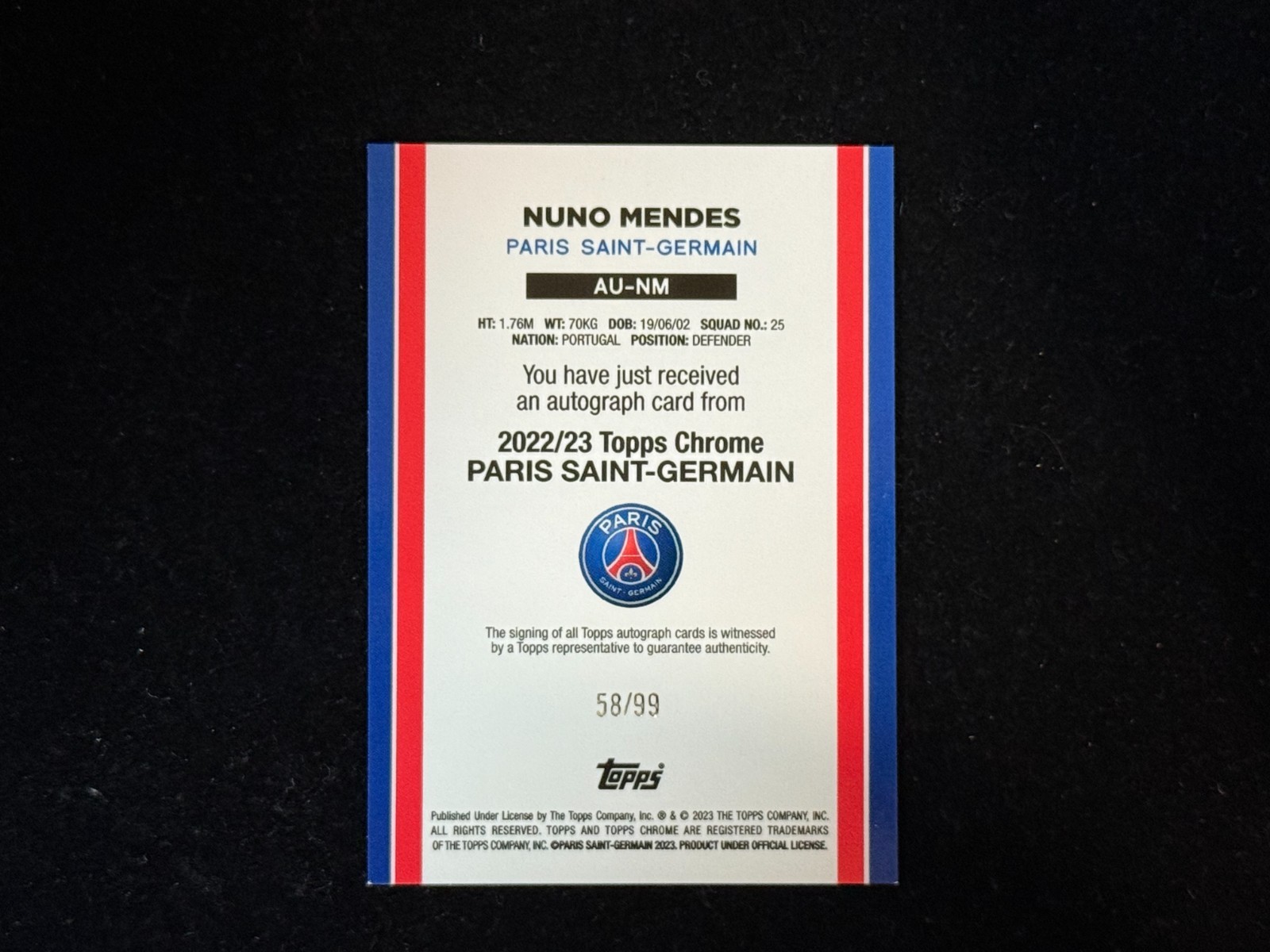 Nuno Mendes 2022‑23 Topps Chrome Paris Saint‑Germain Auto 58/99 #AU‑NM view 2