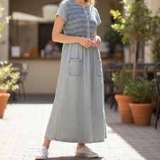 Jones New York Sport Denim Midi Dress Smocked Top Short Sleeve Retro Vtg Sz 12