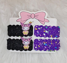 Kuromi Sanrio Glitter Barrette Hair Clip Set Girls Black Purple Sequin