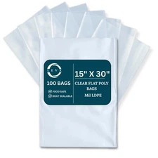 1.5 MIL Size 15" X 30" 100-1000 Packs LDPE Clear Flat Poly Bag, Open Top Package