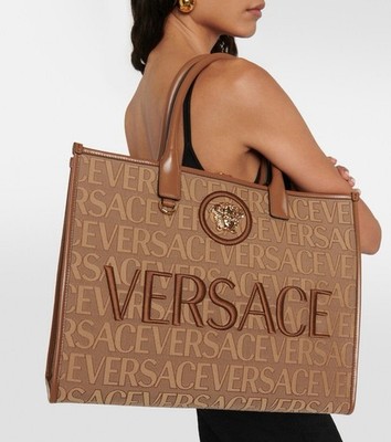 Versace La Medusa Large Tote Beige Brown Allover Logo Calf Leather Golden Logo