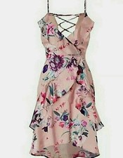 Lipsy Floral Pink Satin Wrap Dress 12 Wedding Occasion Holiday Party Wedding