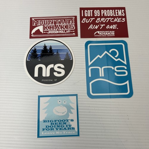 Lot of 5 Outdoor Adventure Stickers Mountain Khakis NRS Bigfoot Leave No Trace