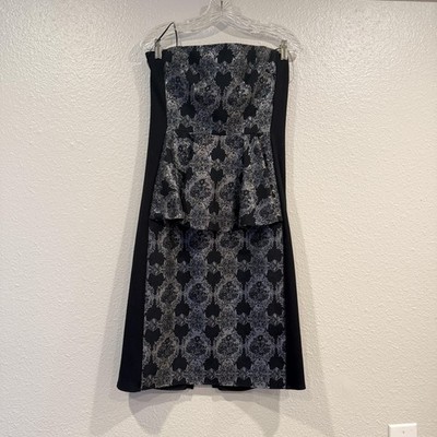 ABS By Allen Schwartz Dress Womens 10 Black Silver Strapless Peplum Jacquard