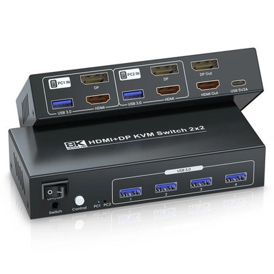 8K@60Hz 4K@120Hz HDMI Displayport KVM Switch 2 Monitors 2 Computers, USB 3.0...
