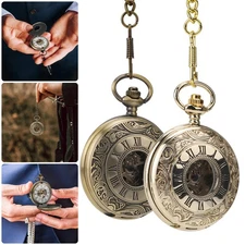 Vintage Mechanical Pocket Watch Skeleton Dial Wind-Up Double Open Case w/ Chain