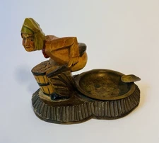 German Antique Hand Carved Wood Ashtray from 40's Man pooping No.2