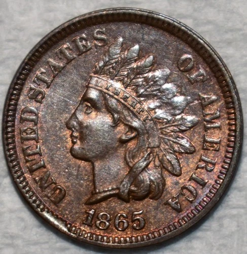 Uncirculated 1865 Plain 5 Indian Head Cent, Lustrous, Wood-Grain specimen.