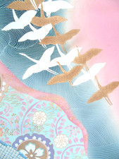 [AYANE] FLYING CRANE BIRDS PINK 1 - Japanese Silk  KIMONO Fabric