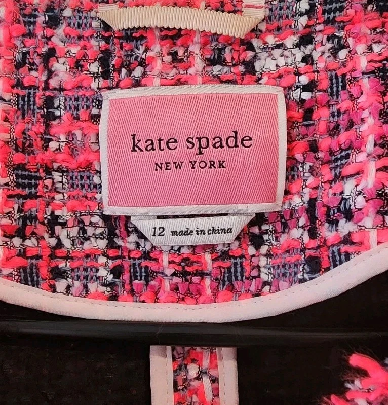 KATE SPADE NEW YORK MULTI TWEED OPEN JACKET WOMENS SIZE 12 HOT PINK POCKETS STUD - Image 4 of 4