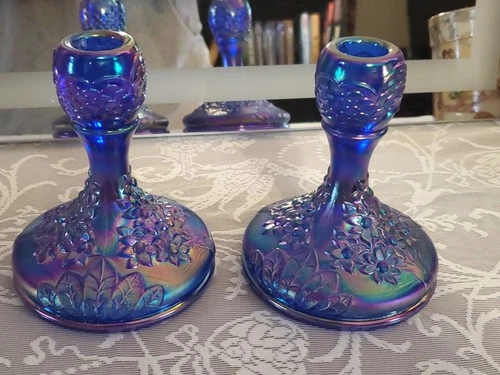Pair of 2 Fenton Art Glass Blue Carnival  Candlestick Holders - Orange Tree