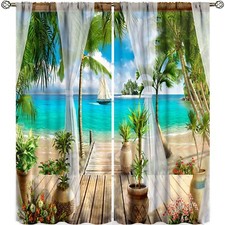 Ocean Beach Curtains,Tropical Sea Coconut Tree Tropical Paradise Sea Hawaii L...