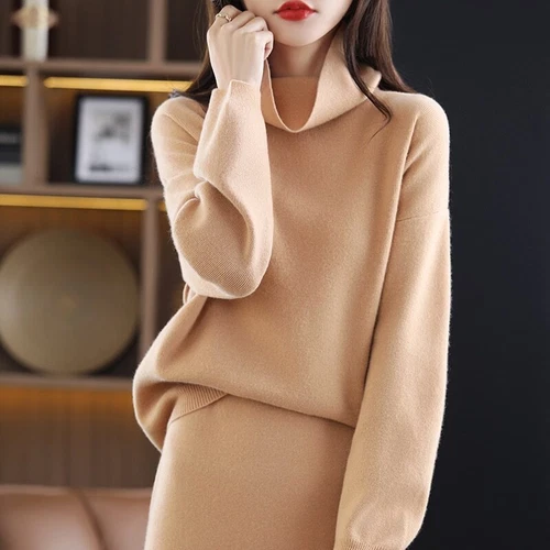 Women High-Neck Cashmere Sweater Knit Long Skirt Two-Piece Suit Thick Dress - Picture 19 of 33