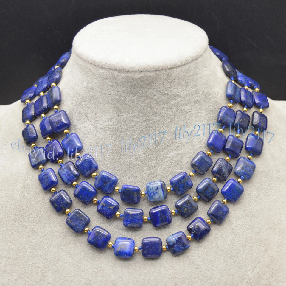 Colar de contas de pedra preciosa quadrada plana lápis-lazúli azul natural 12 mm 14-100 polegadas - Imagem 2 de 4