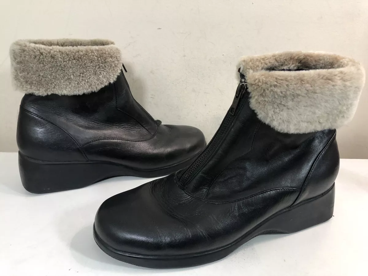 Easy Spirit Women s Faux Fur Trim Black Leather Front Zip Ankle