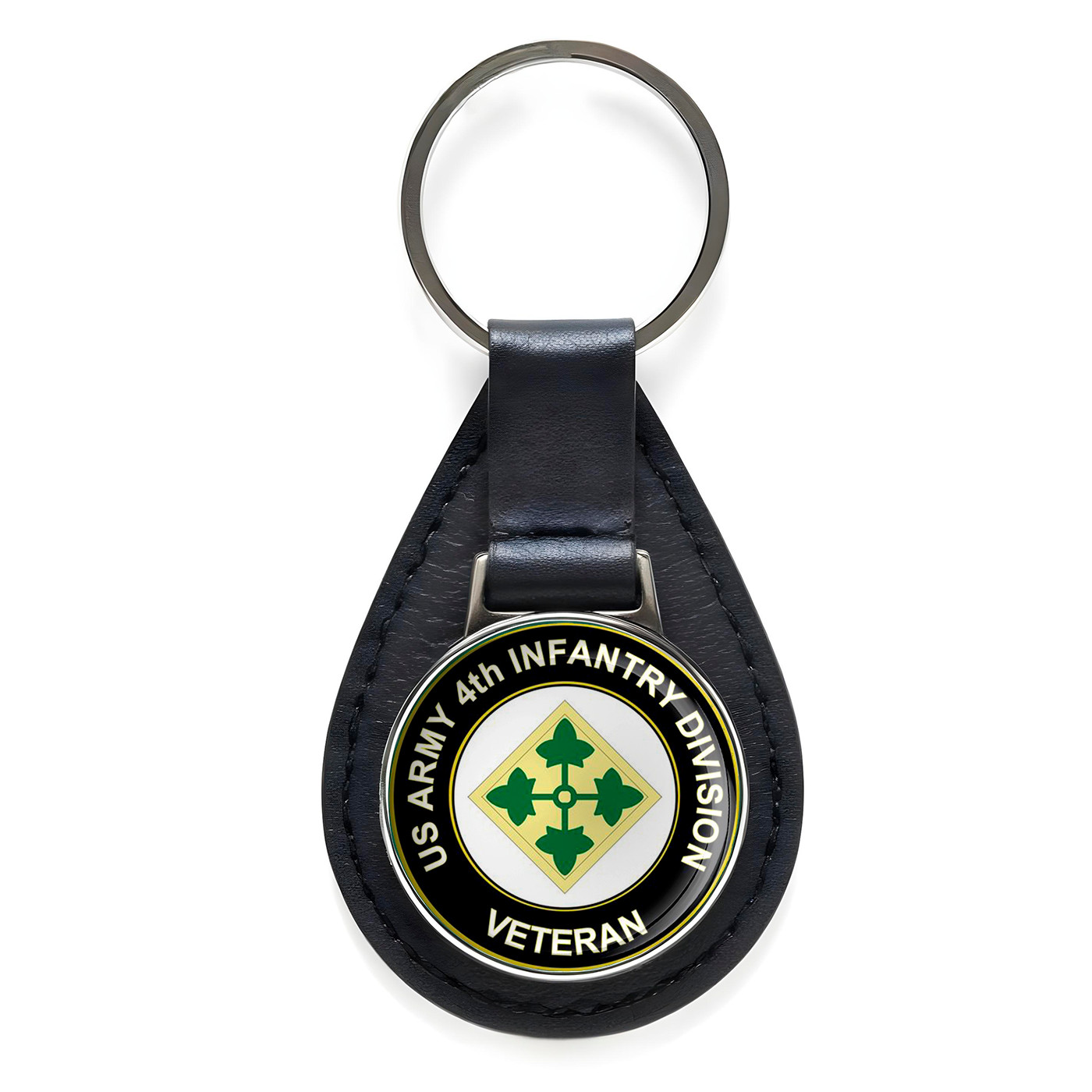 U.S. Army 4th Infantry Division Black Leather Keychain Silver Keyring