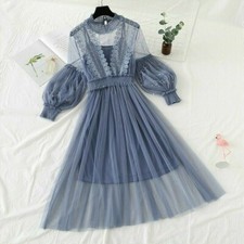 Women Lace Dress Mesh Puff Sleeve See Through Fairy Sheer Beaded Lolita Floral