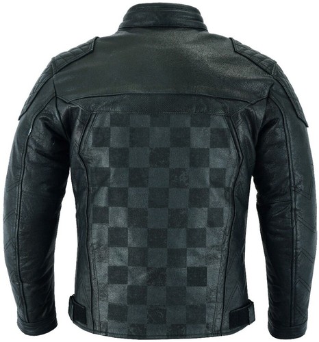 MENS BLACK WAXED CHECKER MOTORBIKE / MOTORCYCLE PREMIUM COWHIDE LEATHER JACKET - Picture 5 of 6