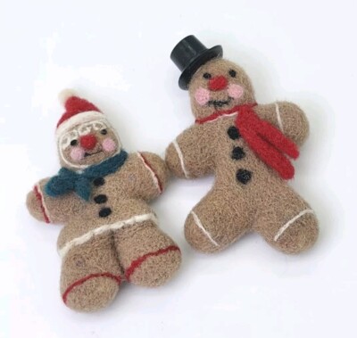  2 Needle Felted GINGERBREAD MAN & WOMAN Christmas Ornaments ARTISAN Made Ooak 