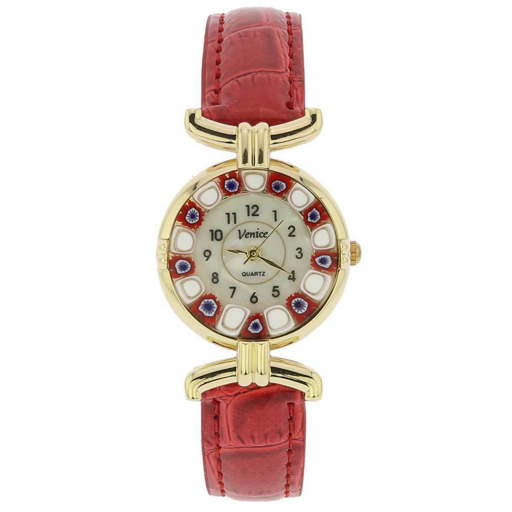 GlassOfVenice Murano Glass Millefiori Watch with Leather Band - Red