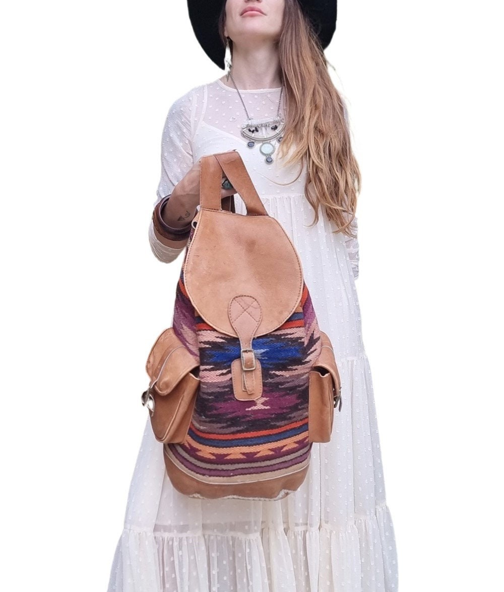 Extra Large Aztec Blanket Leather Backpack, South… - image 5