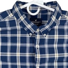 American Eagle Mens 2XL Navy Blue Plaid Button Down Shirt Classic Fit