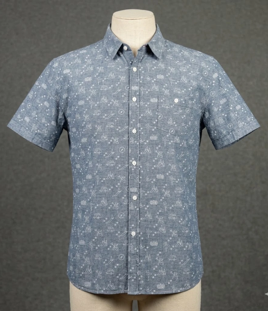 Park Shirt Short Sleeve Button Up Hiking Camping Fire Print Blue Grey Men XL