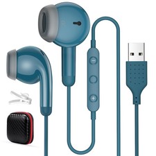 Usb Earbuds For Pc, Headphones With Microphone For Computer, Blue