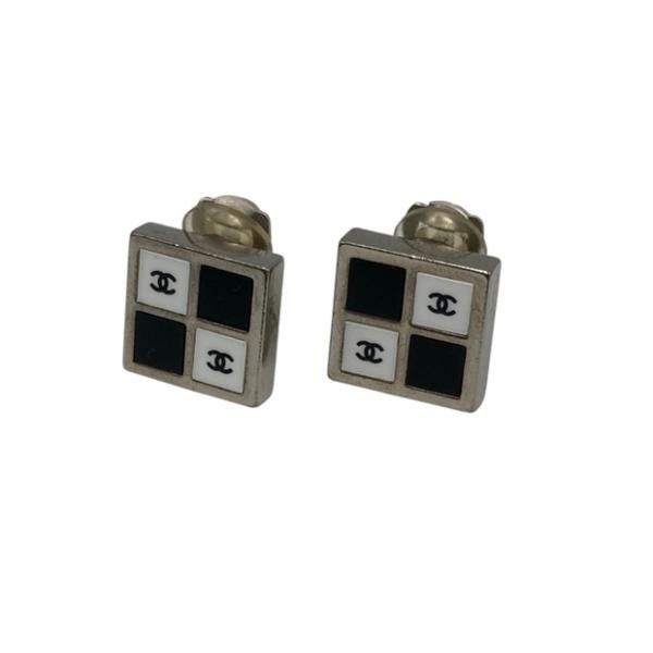 CHANEL Coco Mark Monotone Square Earrings D4 Used