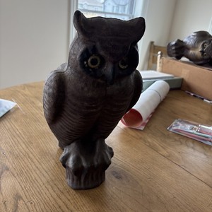 Vintage Halloween Decor 15" Tall Paper Mache Owl Hunting Decoy 1 Glass Eye