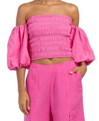 YOUNG FABULOUS & BROKE Yacht Off Shoulder Puff Sleeve Smock Crop Top M Pink NWT