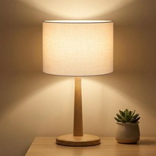 16.3 Solid Natural Wood Table Lamp with Linen Drum Shade for Living Room, St...