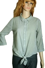 Olive & Oak Top Button Up Self Tie Striped 3/4 Roll Tab Sleeves Womens Size S