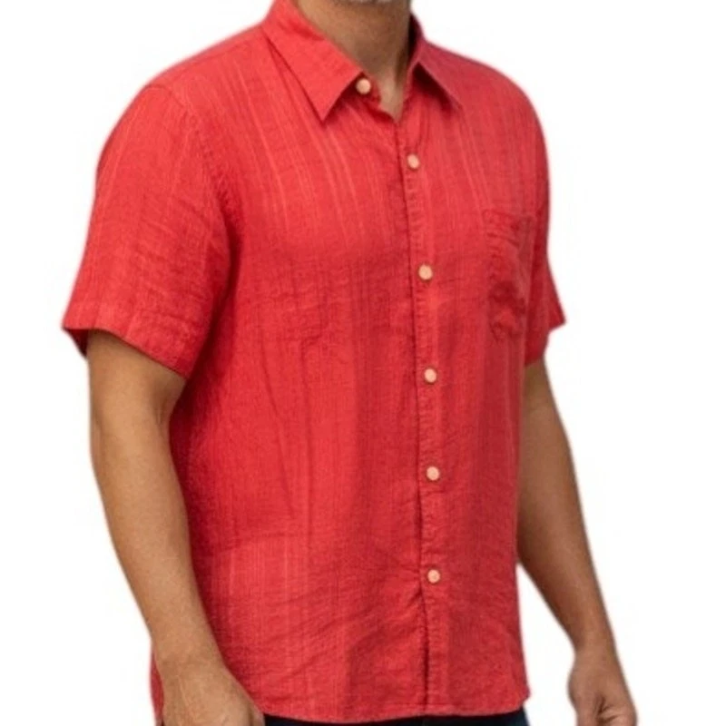 TOMMY BAHAMA Linen Shirt Men XXL 2XL Short Sleeved Coral Orange Red Plaid