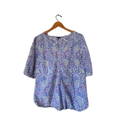 Talbots Plus Womens 1X Purple Blue Floral Cotton Split Neck Short Sleeve Blouse