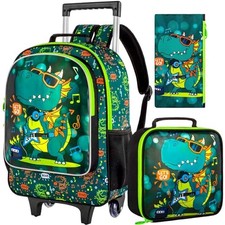 3PCS Rolling Backpack for Boys, Roller School Backpack with Dinosaur Green01