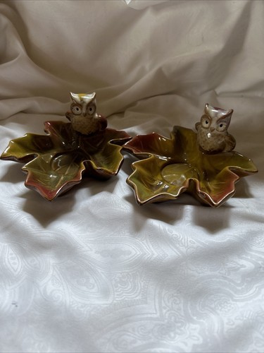 Vtg Pair Of Owl Leaf Candle Holders Fall Colors Votive Or A Little Candle!
