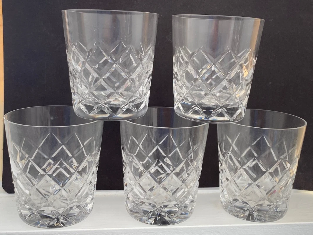 Vintage 5 X Classic Clear Cut-Crystal Diamond Cross-Hatch Old Fashioned Tumblers