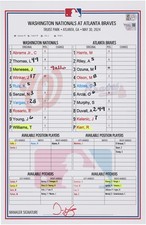 Washington Nationals Game-Used Lineup Card vs. Atlanta Braves on May 30, 2024