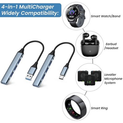 4-in-1 USB and USB-C to MultiCharger for Smart Watch Band Ring Buds and Earbuds
