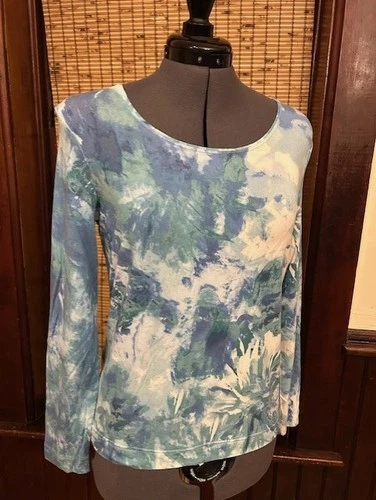 Chicos Coastal Tie Dye Top Aqua Blue Relaxed Fit Women's Size 0/Small